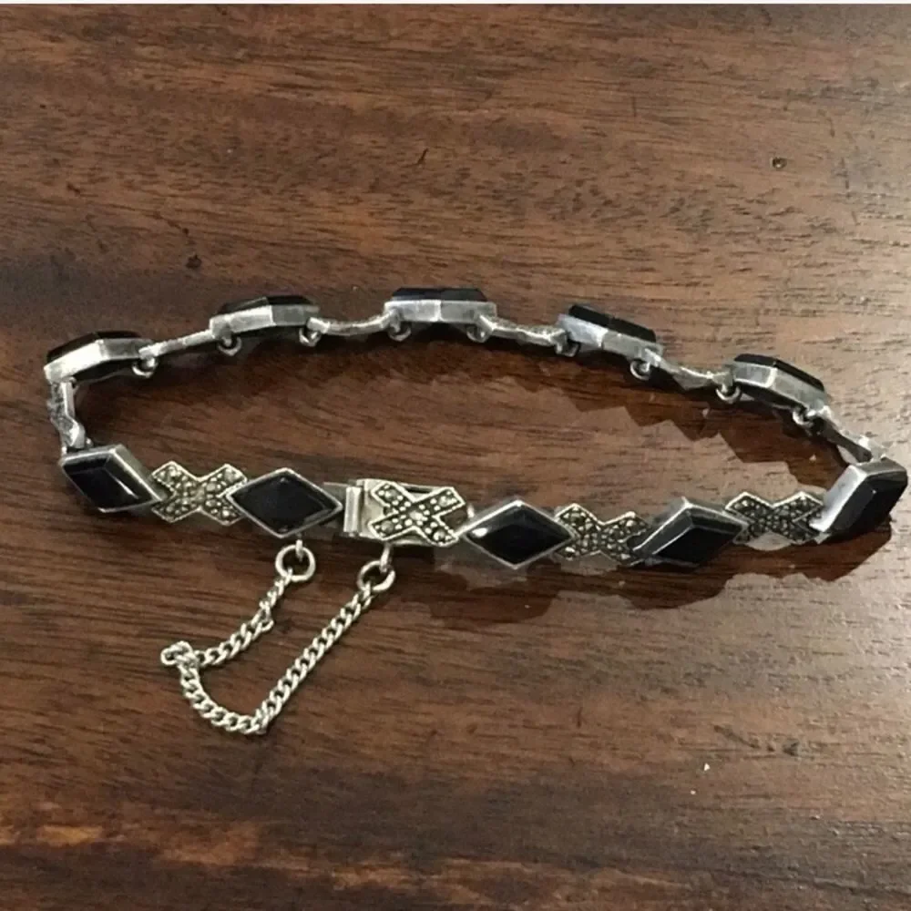 Vintage Black Onyx Marcasite Sterling Silver Tennis Bracelet
